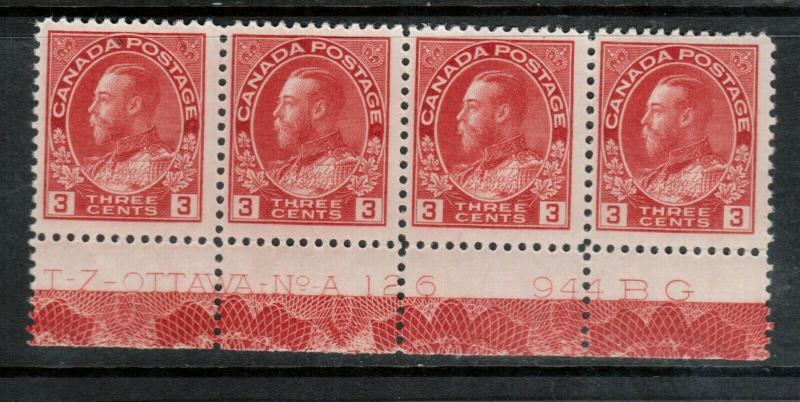 Canada #109 Very Fine Never Hinged Lathework D Plate #126 Strip Of Four 