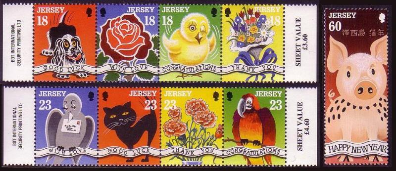 Jersey Birds Greetings Stamps 9v with side margins SG#684-692