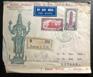 1949 Bombay India First Day Airmail Cover FDC to Kitale Kenya Independence Day