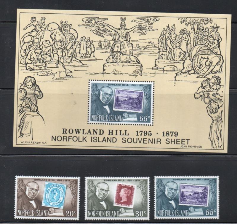 Norfolk Island Sc 246-8,248a 1979 Sir Rowland Hill stamp set & sheet mint NH