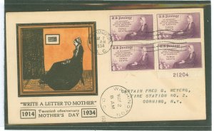 US 737 1934 3c celebrating Mothers (Whister's Mother) block of four with plate number on a typed addressed FDC with a ha...