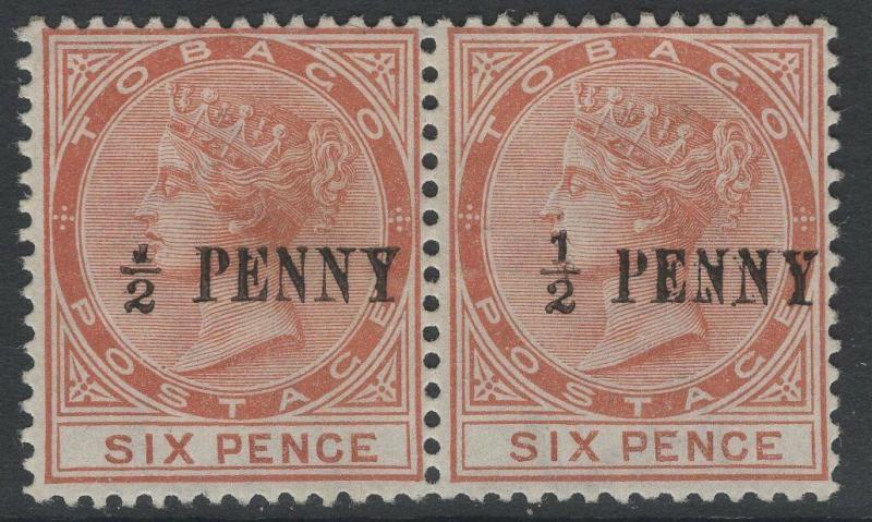 TOBAGO SG28/var 1888 ½ on 6d ORANGE-BROWN ONE WITH BROKEN 1 IN ½ MTD MINT