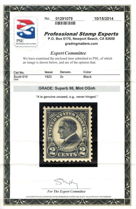 US SCOTT #610 MINT-SUPERB-OG-NH GRADED 98 W/ PSE CERT SMQ $235 (3/22/24 GP)