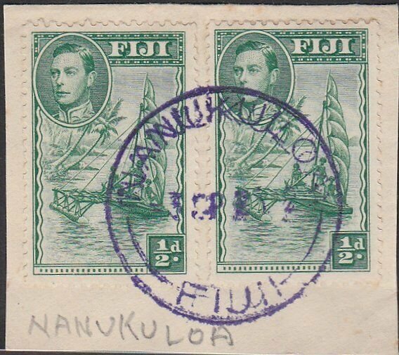 FIJI 1953? GVI ½d(2) on piece NANUKULOA cds in violet.......................L528