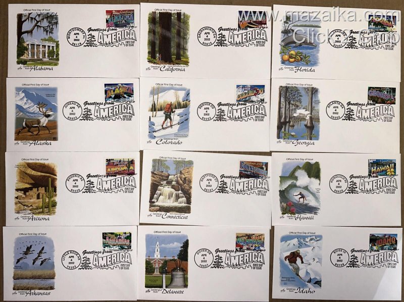 2002 GREETINGS FROM AMERICA COMPLETE SET SUPERB COLOR FDCs & 50 STATES STAMPS