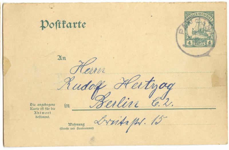 German East Africa, PANGANI 1913 Stationery 4 H Reply card, commercial Mi. P20 F