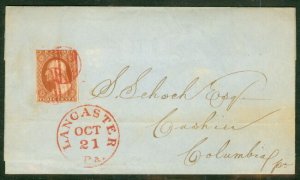 1851, 3¢ orange brown (#10A) tied by red grid cancel Lancaster PA cds