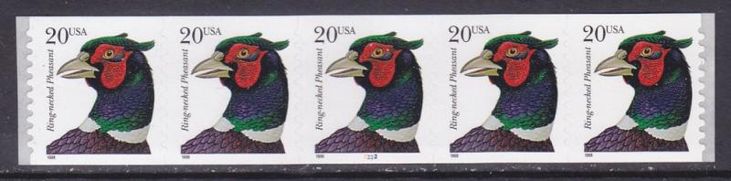 US 3055 MNH 1998 20¢ RIng-Necked Pheasant Plate No Coil PNC5 Plate #2222