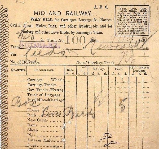 GB Midland Railway *Guiseley* LIVE BIRDS by PASSENGER TRAIN Way Bill 1892 HL376