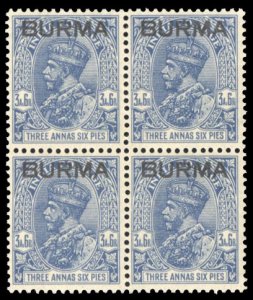 Burma #8 Cat$17+ (for hinged), 1937 3a6p deep blue, block of four, never hinged