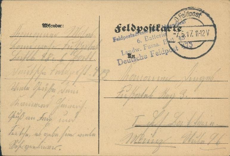 Germany WWI DFP473 FAB48 Feldpost Cover G46788