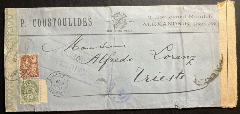 1919 Alexandria Egypt French Agencies Dual Censored Cover To Triest Italy Sc#20