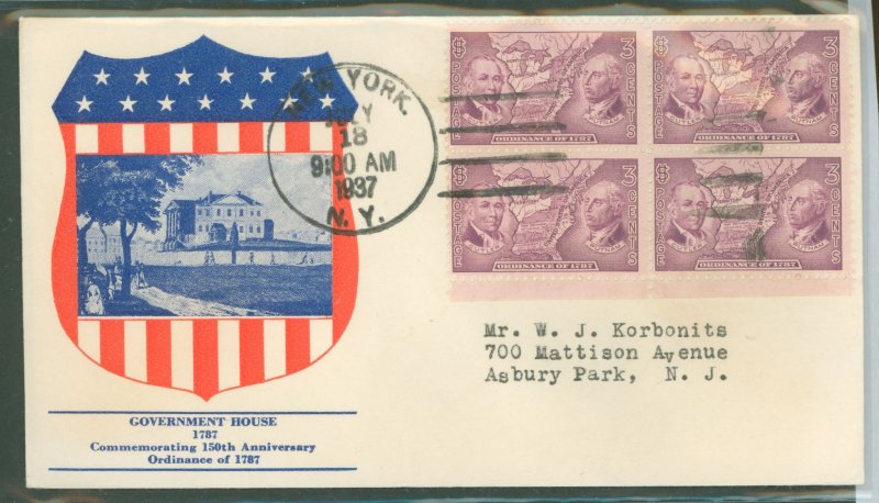 US 795 1937 3c Northwest Territory Ordinance of 1787 bl of 4 on an addressed (typed) FDC with a Cachet Craft cachet