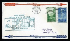 # 740 & 744 on CAM # 2 First Flight cover from Greenwood, Mississippi - 9-1-1934
