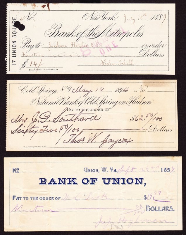 8 Bank Checks, 1860-90's, Different Banks, mixed condition