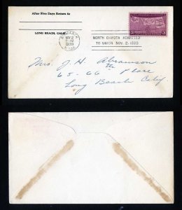 # 858 First Day Cover addressed,  no cachet Bismarck, ND - 11-2-1939 - # 2