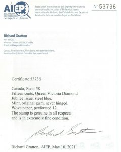 Canada #58 Extra Fine Never Hinged **With Certificate**