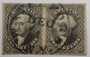 Scott Stamp# 17 - 1851 12¢ Washington Imperforate Black Pair.  Used.  SCV $600