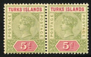 Turks Islands #57 Cat$25+, 1894 5p olive green and carmine, horizontal pair, ...