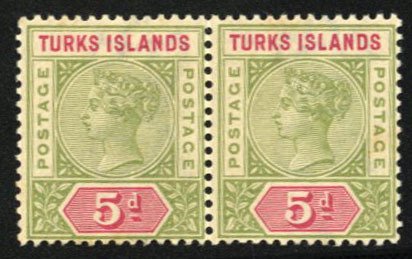 Turks Islands #57 Cat$25+, 1894 5p olive green and carmine, horizontal pair, ...