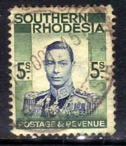 Southern Rhodesia 1937 KGV1 5/-d Blue & Blue Green used SG 52 ( M1383 )