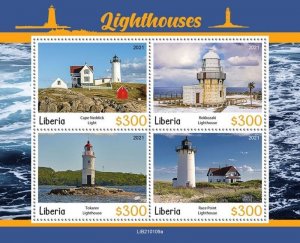 Liberia - 2021 Lighthouses, Cape Neddick Light - 4 Stamp Sheet - LIB210109a 