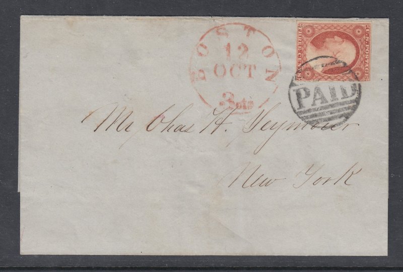 US #11A on cover with NICE BOSTON Cancel (Used on Cover) 89L3 EXTRA LINE AT LEFT