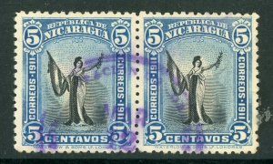 Nicaragua 1912 Liberty 5¢ Blue & Black Sc 299 Pair VFU Q411