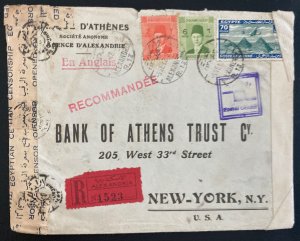 1942 Alexandria Egypt Censored Airmail Cover To Bank Of Athens In New York Usa