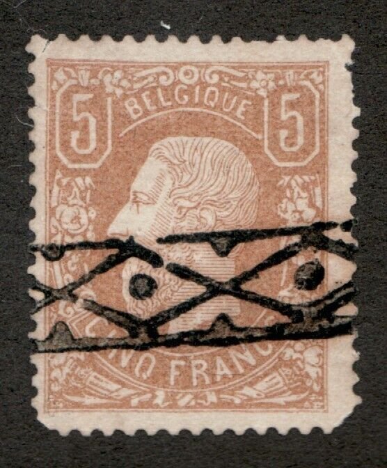 1878 Belgium Sc# 39a - 5fr King Leopold II - Used, roller cancel Cv$700