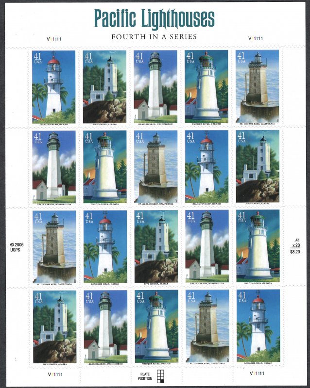 United States #4146-4150 41¢ Pacific Lighthouses (2007).  Mini-sheet of 20. MNH