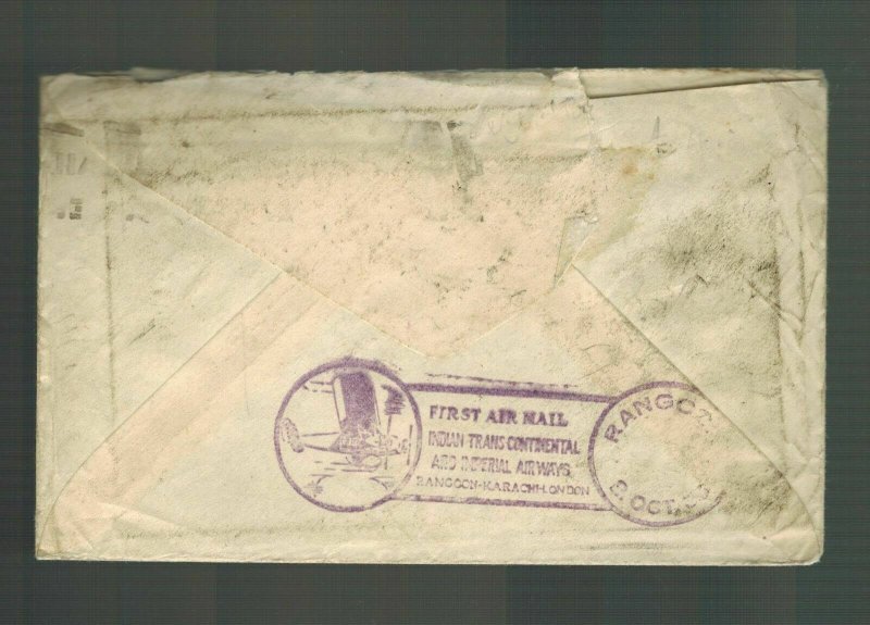 1933 Rangoon Burma First flight cover FFC Imperial Airways to London England ltr