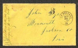 STAMPLESS CIVIL WAR COVER SOLDIERS NEW ORLEANS LOUISIANA TO MONMOUTH IOWA 1863