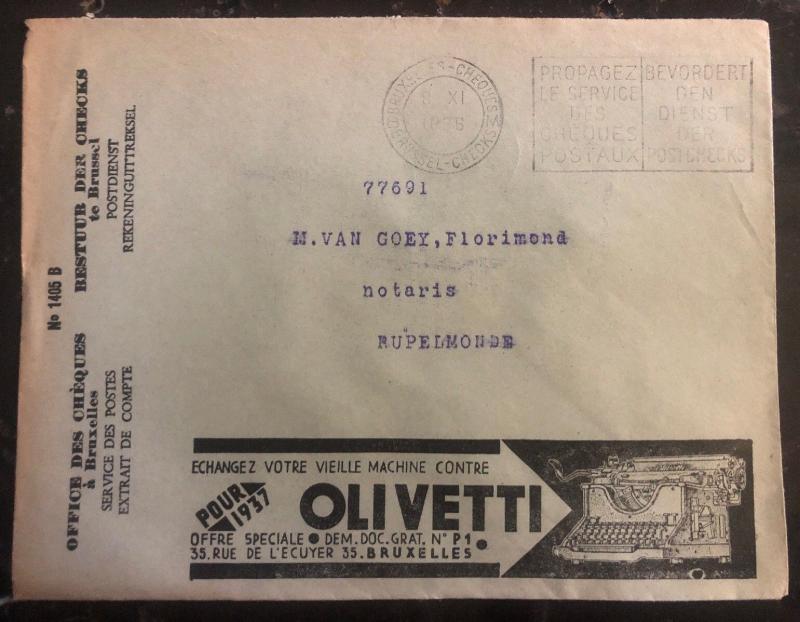 1936 Bruxelles Belgium Advertising Cover Olivetti Writing Machine Postal Check