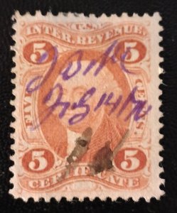 US #R24 Used 5c Red Certificate Stamp VF Revenue 1865