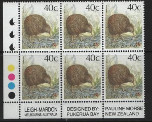 NEW ZEALAND, 923 , MNH   BROWN KIWI, MARGIN  BLOCK OF 6