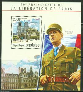 TOGO 2014 70th ANIVERSARY OF THE LIBERATION OF PARIS CHARLES deGAULLE  S/S MINT