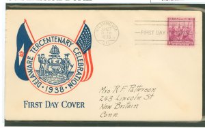 US  1938 3c Delaware Tercentenary Celebration (single) on an addressed first day cover with a Plimpton cachet.