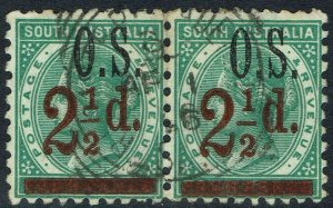 SOUTH AUSTRALIA 1891 QV OS 21/2D ON 4D PAIR PERF 10 USED