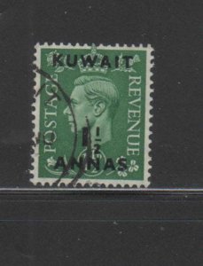 KUWAIT #95  1950  1 1/2a on 1 1/2p  KING GEORGE VI SURCHARGED   F-VF  USED  b