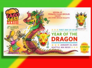 New This Spring!  DRAGONS LOVE TACOS!  YEAR OF THE DRAGON FDC for Ries Chapter!