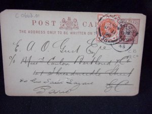 QUEEN VICTORIA 1/2d 'C B & Co' PERFIN USED ON POSTAL STATIONERY CARD