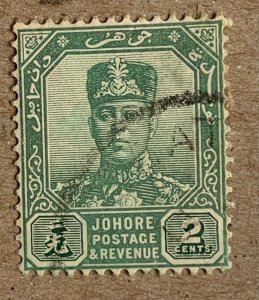 Malaya Johore 1928 2c green Sultan Ibrahim, used. Scott 103, CV $0.4. SG 105