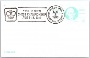 US SPECIAL EVENT POSTMARK CARD 1986 US OPEN CHESS CHAMPIONSHIP SOMERSET N.J.