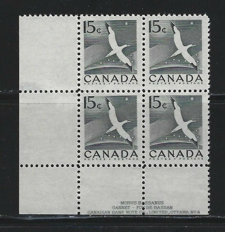 CANADA - #343 - 15c GANNET LL PLATE #4 MINT BLOCK (1954) 