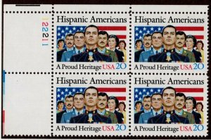 1984 Hispanic Americans Plate Block of 4 20c Postage Stamps, Sc# 2103, MNH, OG