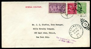 U.S. Scott 806 & 804 Prexies/Prexys w/E15 on 1st Class Special Delivery Cover