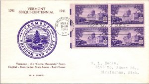 FDC 1941 SC #903 WM Grandy Cachet - Montpelier, Vt - Block Of 4   - F70869