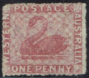 WESTERN AUSTRALIA 1861 SWAN 1D WMK SWAN ROUGH PERF 14 - 16 NO GUM