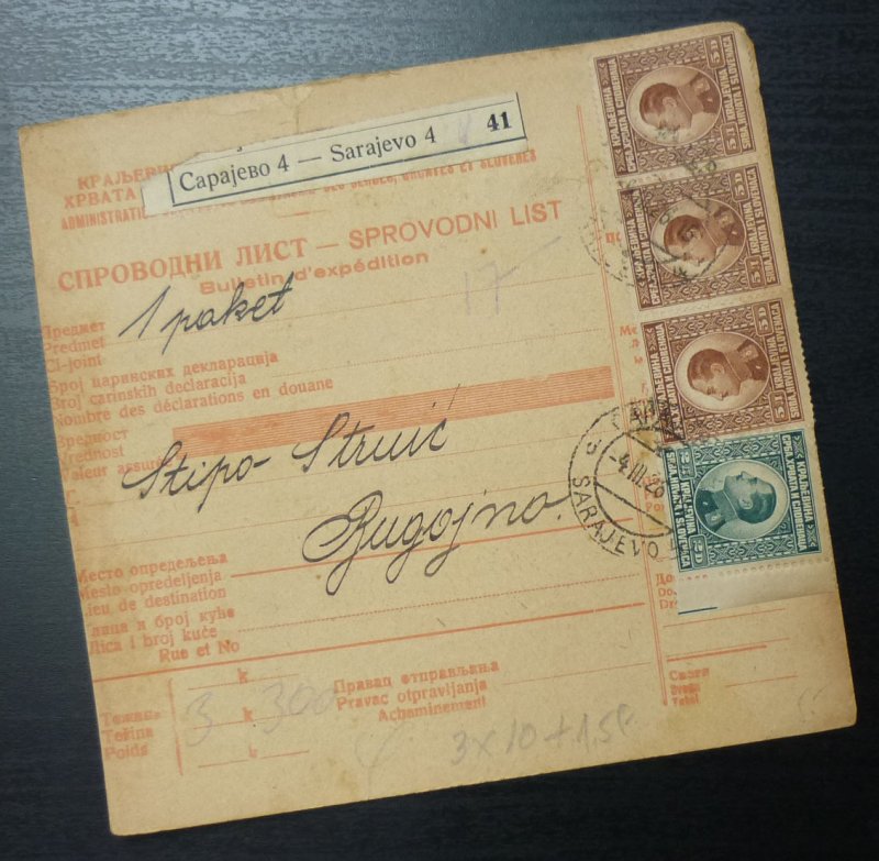 Yugoslavia 1926 Parcel Card from Sarajevo to Bugojno Bosnia A5